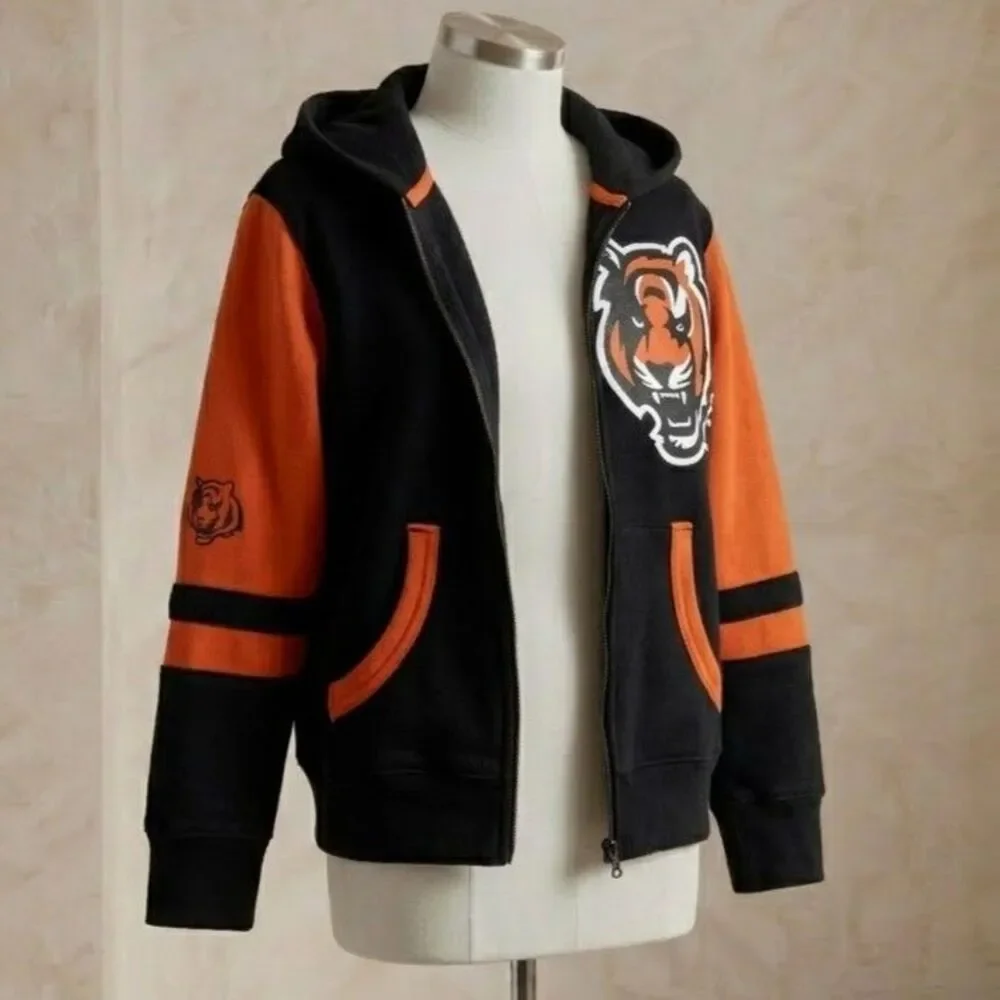 NFL Team Apparel Cincinnati Bengals Kids Full Zip Hoodie Black Orange Medium 5/6